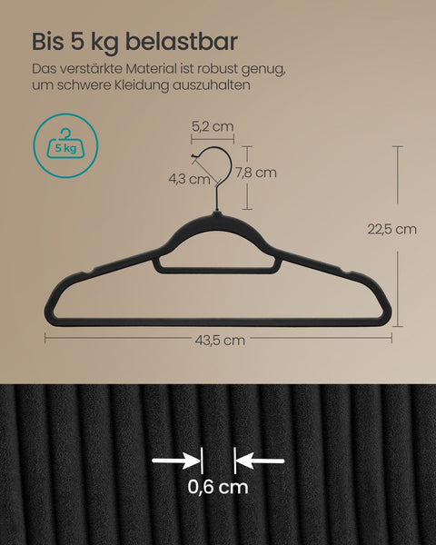 Rootz 50 Pack Black Clothes Hangers - Velvet Hangers - Space-Saving Hangers - Supports Up to 5kg - 43.5cm x 22.5cm