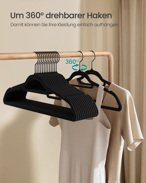 Rootz 50 Pack Black Clothes Hangers - Velvet Hangers - Space-Saving Hangers - Supports Up to 5kg - 43.5cm x 22.5cm