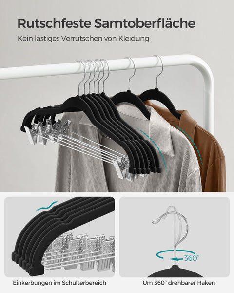 Rootz 20 Pack Velvet Hangers - Black Clothes Hangers - Space Saving Hangers - ABS Plastic - Metal - Non-Slip Design - 42.5cm x 23.5cm - 1.8kg - 5kg Capacity - 2.5kg Capacity