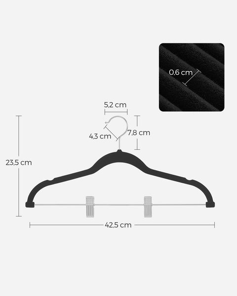 Rootz 20 Pack Velvet Hangers - Black Clothes Hangers - Space Saving Hangers - ABS Plastic - Metal - Non-Slip Design - 42.5cm x 23.5cm - 1.8kg - 5kg Capacity - 2.5kg Capacity