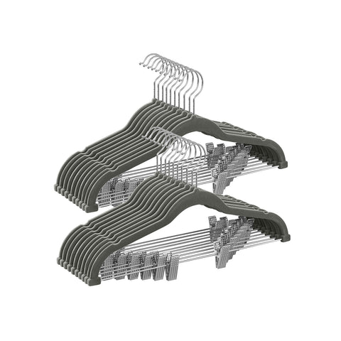 Rootz 20 Pack Velvet Hangers - Gray Clothes Hangers - ABS Plastic - Metal Clips - Space Saving - Non-Slip - 42.5cm x 23.5cm - 1.8kg - 5kg Capacity - 2.5kg Capacity