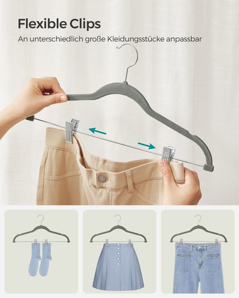 Rootz 20 Pack Velvet Hangers - Gray Clothes Hangers - ABS Plastic - Metal Clips - Space Saving - Non-Slip - 42.5cm x 23.5cm - 1.8kg - 5kg Capacity - 2.5kg Capacity