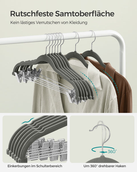 Rootz 20 Pack Velvet Hangers - Gray Clothes Hangers - ABS Plastic - Metal Clips - Space Saving - Non-Slip - 42.5cm x 23.5cm - 1.8kg - 5kg Capacity - 2.5kg Capacity