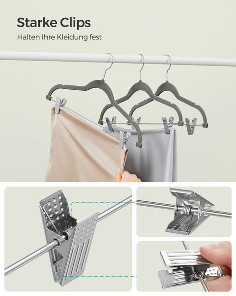 Rootz 20 Pack Velvet Hangers - Gray Clothes Hangers - ABS Plastic - Metal Clips - Space Saving - Non-Slip - 42.5cm x 23.5cm - 1.8kg - 5kg Capacity - 2.5kg Capacity