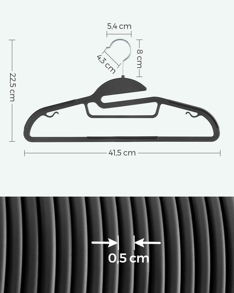 Rootz 50 Pack Plastic Clothes Hangers - Black Hangers - ABS Plastic - Metal Hook - Lightweight - Space-saving - Durable - 41.5cm x 22.5cm - Max Load 5kg