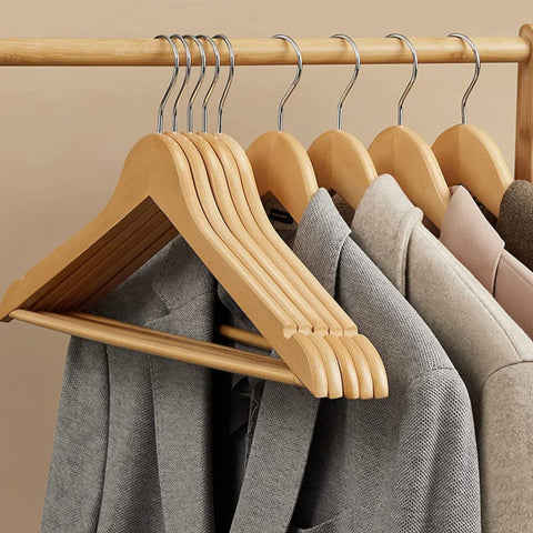 Rootz 20 Pack Wooden Clothes Hangers - Maple Wood Hangers - Garment Hangers - Trouser Bar - Chrome Plated Hooks - Stable - Durable - Space Saving - 44.5cm x 23cm x 1.2cm