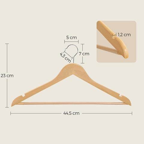 Rootz 20 Pack Wooden Clothes Hangers - Maple Wood Hangers - Garment Hangers - Trouser Bar - Chrome Plated Hooks - Stable - Durable - Space Saving - 44.5cm x 23cm x 1.2cm