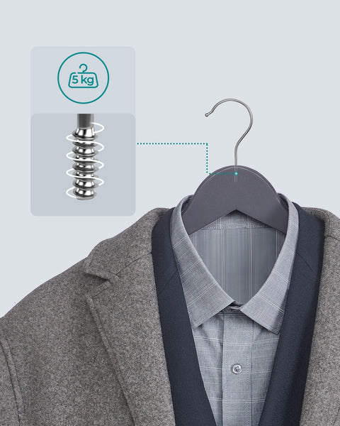 Rootz 20 Pack Gray-Silver Clothes Hangers - Maple Wood Hangers - Metal Hook Hangers - Lightweight - Space-saving - Durable - 44.5cm x 23cm - Max. 5kg Capacity