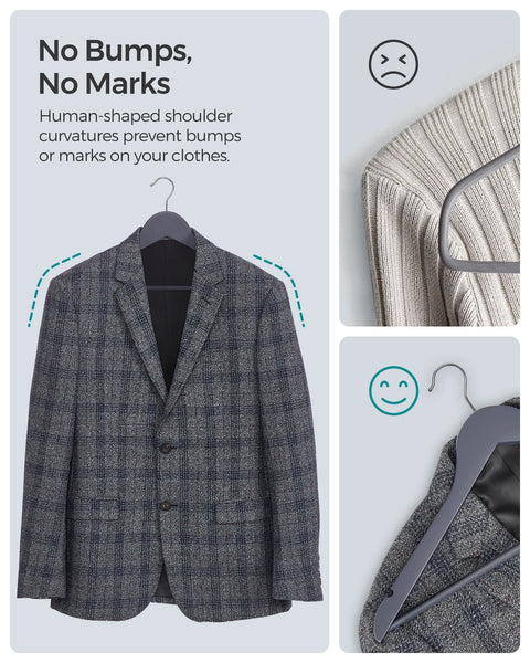 Rootz 20 Pack Gray-Silver Clothes Hangers - Maple Wood Hangers - Metal Hook Hangers - Lightweight - Space-saving - Durable - 44.5cm x 23cm - Max. 5kg Capacity