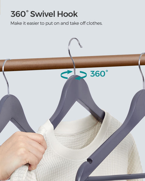 Rootz 20 Pack Gray-Silver Clothes Hangers - Maple Wood Hangers - Metal Hook Hangers - Lightweight - Space-saving - Durable - 44.5cm x 23cm - Max. 5kg Capacity