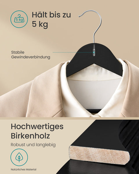 Rootz 30 Piece Black Hanger Set - Wooden Clothes Hangers - Rotatable Hook - Durable Birch Wood - 43cm x 21cm x 0.8cm