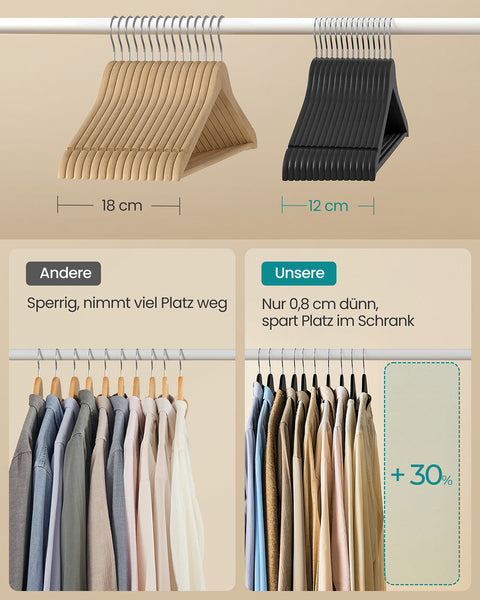 Rootz 30 Piece Black Hanger Set - Wooden Clothes Hangers - Rotatable Hook - Durable Birch Wood - 43cm x 21cm x 0.8cm