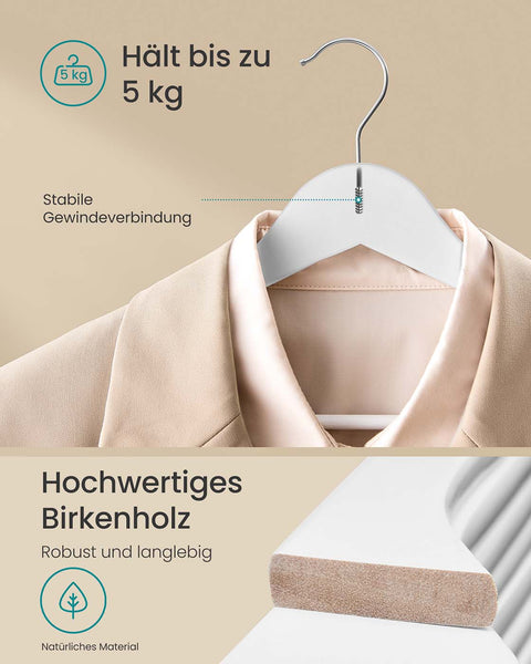 Rootz 30 Piece Set Wooden Clothes Hangers - 360° Rotating Hook -  White - Birch Wood - 43cm x 21cm x 0.8cm