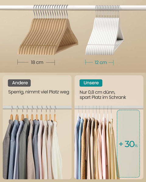 Rootz 30 Piece Set Wooden Clothes Hangers - 360° Rotating Hook -  White - Birch Wood - 43cm x 21cm x 0.8cm