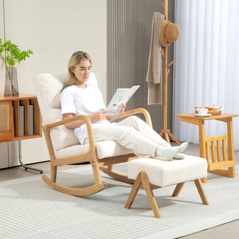 Rootz Rocking Chair with Stool - Softly Padded - Linen-Look - Ultimate Comfort - 65W x 96D x 94.5H cm - Cream White