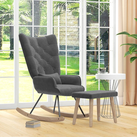 Rootz Lounge Chair and Stool Set - Modern Armchair - Upholstered Recliner - Velvet Padding - Rubber Wood Legs - Dark Gray - 66cm x 96cm x 101cm