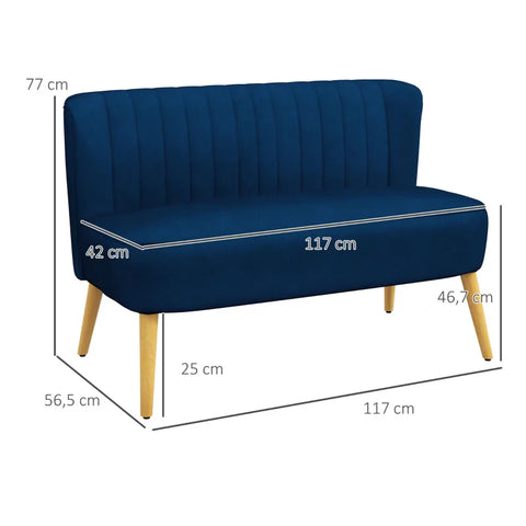 Rootz Sofa - Retro Design - 2 Seater Sofa - Wooden Legs - Velvety Polyester - Blue - 117cm x 56.5cm x 77cm