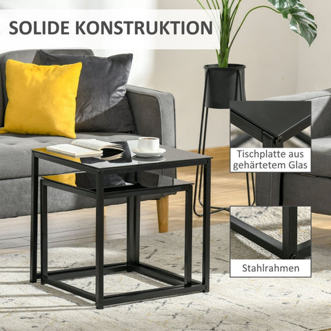 Rootz Set of 2 Side Tables - Coffee Tables - Living Room Tables - Modern Design - Space-Saving Stackable Feature - Durable Steel and Tempered Glass - 50cm x 50cm x 52cm & 42cm x 42cm x 42cm - Black