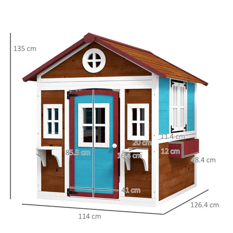 Rootz Children's Playhouse - Wooden Playhouse - Weatherproof - Flower Boxes - Fir Wood - Brown+Blue+White+Red - 114L x 126.4W x 135H cm