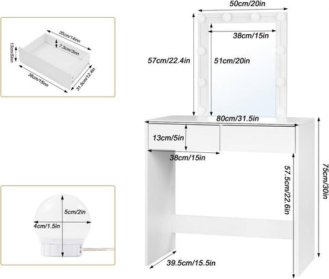 Rootz Verstelbare LED-lichtkaptafel - Vanity Desk - Make-upstation - Helderheidsregeling - Voldoende opbergruimte - Duurzame constructie - 80 cm x 132,5 cm x 39,5 cm