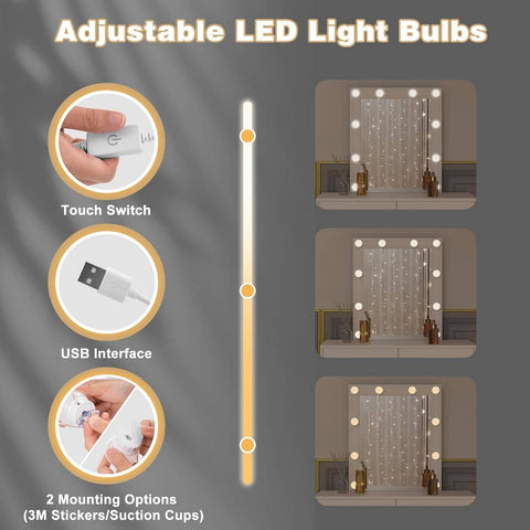 Rootz Adjustable LED Light Dressing Table - Vanity Desk - Makeup Station - Brightness Control - Ample Storage - Durable Build - 80cm x 132.5cm x 39.5cm