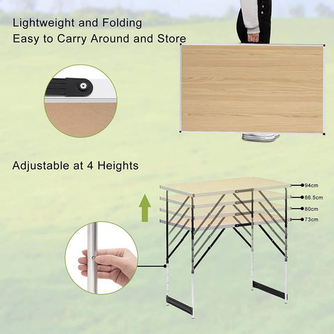 Rootz Adjustable Folding Camping Table - Portable Picnic Table - Compact Outdoor Table - Aluminum Frame - 60cm x 73/80/86.5/94cm