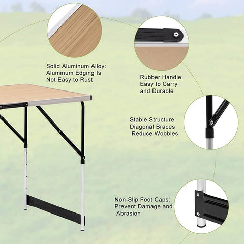 Rootz Adjustable Folding Camping Table - Portable Picnic Table - Compact Outdoor Table - Aluminum Frame - 60cm x 73/80/86.5/94cm