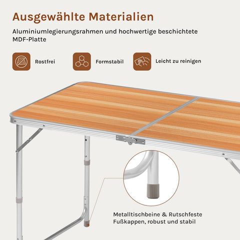 Rootz Adjustable Camping Table - Folding Picnic Table - Lightweight MDF Table - 3 Height Settings - 60 x 55/62/70 x 120 cm - Durable & Portable