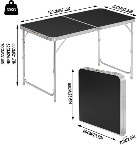 Rootz Camping Table - Folding Table - Garden Table - Height Adjustable - Aluminum Alloy - 60cm x 120cm x 70cm - Space Saving & Stable Design