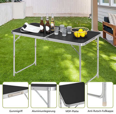 Rootz Camping Table - Folding Table - Garden Table - Height Adjustable - Aluminum Alloy - 60cm x 120cm x 70cm - Space Saving & Stable Design