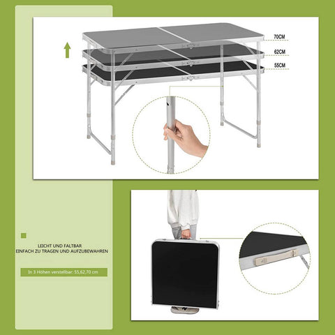 Rootz Camping Table - Folding Table - Garden Table - Height Adjustable - Aluminum Alloy - 60cm x 120cm x 70cm - Space Saving & Stable Design