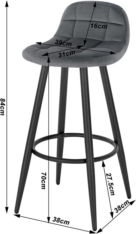 Rootz Velvet-Covered Bar Stool - Counter Stool - Kitchen Stool - Plush Comfort - Sturdy Metal Frame - Easy Assembly - 84cm x 39cm x 31cm