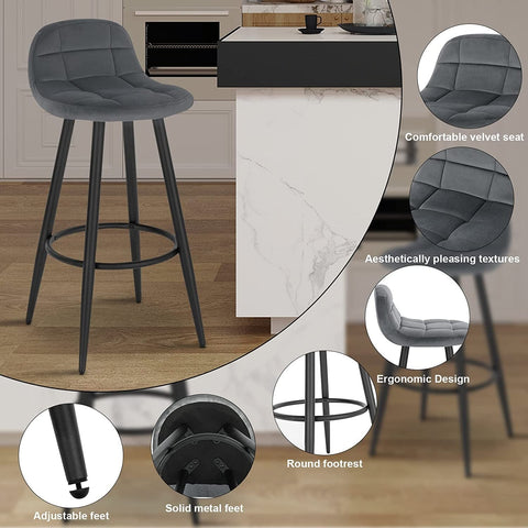 Rootz Velvet-Covered Bar Stool - Counter Stool - Kitchen Stool - Plush Comfort - Sturdy Metal Frame - Easy Assembly - 84cm x 39cm x 31cm