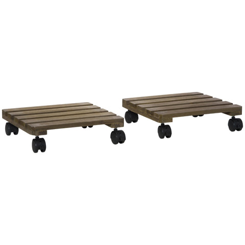 Rootz Set van 2 massief houten rollende plantenstandaards - Verplaatsbare plantenplank - Houten plantenrek - Mobiliteit - Stabiliteit - Veelzijdigheid - 30 cm x 30 cm x 7 cm - Bruin + Zwart