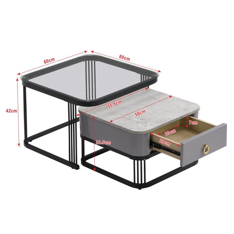 Rootz Modular Coffee Table Set - High-Gloss Marble - Glass Top - Luxurious Design - 60x60x42cm & 50x50x34cm - Practical Drawers