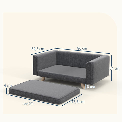 Rootz Pet Sofa - Dog Chair - Plush Lounger - Stylish Appearance - Comfortable Cushion - Wooden Legs - Gray - 86cm x 54.5cm x 34cm