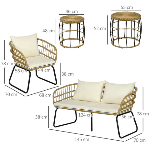 Rootz Garden Furniture - Seat Cushions - Lounge Set - Outdoor Seating Group - Boho Style - 5-piece Set - PE Rattan-polyester - Cream - Natural - Black - 145 X 70 X 78 Cm