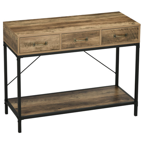 Rootz Console Table - Entrance Table - Industrial Design - 3 Drawers - Wood Look - 100 x 35 x 76.5 cm - Light Brown & Black