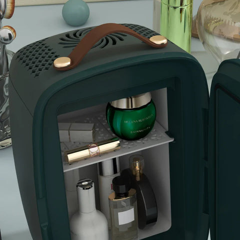 Rootz Beauty Fridge - Mini Fridge - 4 L Capacity - Portable Adapter - Plastic - Aluminum - Dark Green - 20.3 X 26.3 X 28 Cm