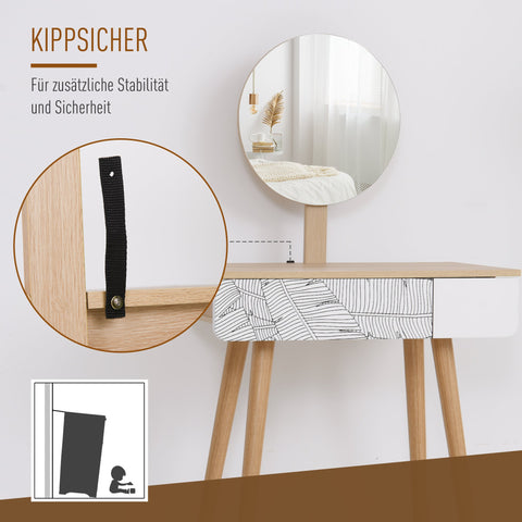 Rootz White+Brown Dressing Table - Vanity Table - Cosmetic Table - Large Drawer & Adjustable Mirror - 70cm x 39cm x 119-128cm
