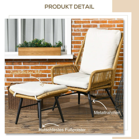 Rootz Polyrattan Garden Chair and Stool Set - Outdoor Furniture - Patio Seating - Adjustable Backrest - Weatherproof - Non-Slip Feet - 67W x 83D x 94H cm (Chair), 57W x 45D x 42H cm (Stool)