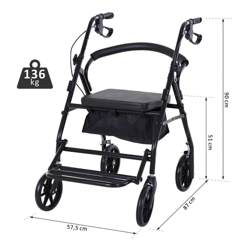 Rootz Rollator with Chair - Foldable Walker - Mobility Aid - Adjustable Height - 57.5cm x 87cm x 82-90cm