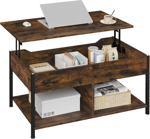 Rootz Adjustable Height Coffee Table - Lift-Top Table - Convertible Desk - Brown - Multi-Storage Design - 90x45-60x50-73cm
