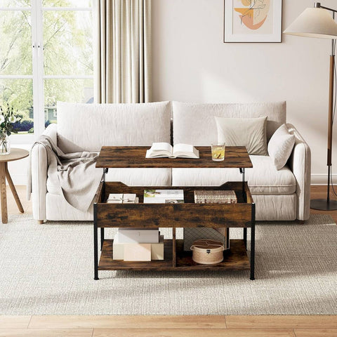 Rootz Adjustable Height Coffee Table - Lift-Top Table - Convertible Desk - Brown - Multi-Storage Design - 90x45-60x50-73cm