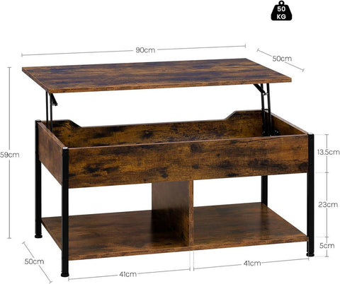 Rootz Adjustable Height Coffee Table - Lift-Top Table - Convertible Desk - Brown - Multi-Storage Design - 90x45-60x50-73cm