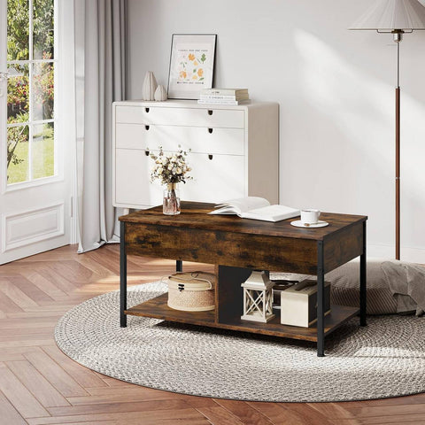 Rootz Adjustable Height Coffee Table - Lift-Top Table - Convertible Desk - Brown - Multi-Storage Design - 90x45-60x50-73cm