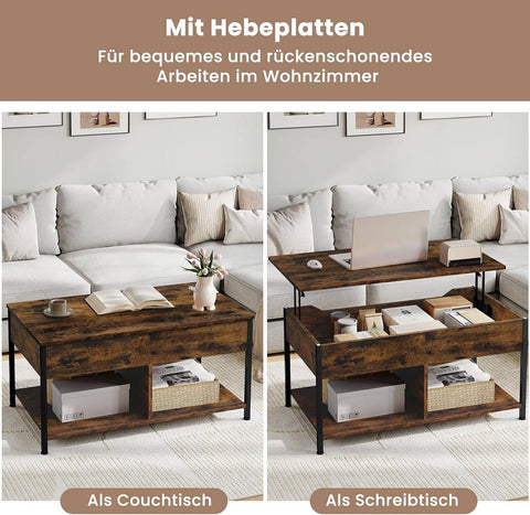 Rootz Adjustable Height Coffee Table - Lift-Top Table - Convertible Desk - Brown - Multi-Storage Design - 90x45-60x50-73cm