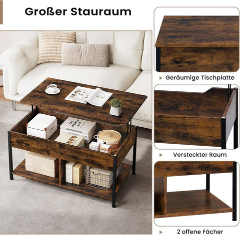 Rootz Adjustable Height Coffee Table - Lift-Top Table - Convertible Desk - Brown - Multi-Storage Design - 90x45-60x50-73cm