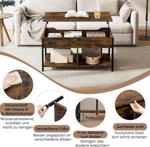 Rootz Adjustable Height Coffee Table - Lift-Top Table - Convertible Desk - Brown - Multi-Storage Design - 90x45-60x50-73cm