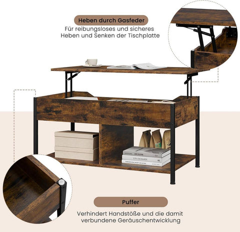 Rootz Adjustable Height Coffee Table - Lift-Top Table - Convertible Desk - Brown - Multi-Storage Design - 90x45-60x50-73cm